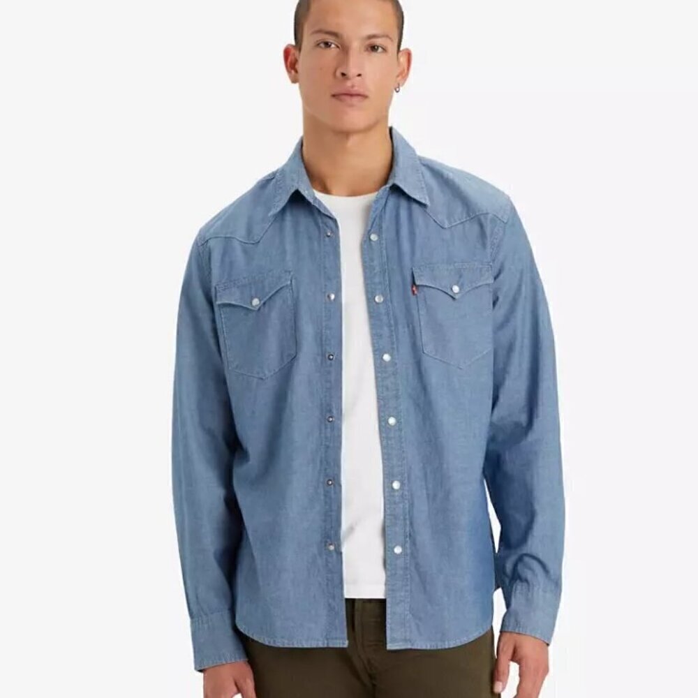 Levi's Slim Fit Western Medium Wash Denim Pearl Snap Long Sleeve Shirt Size XXL